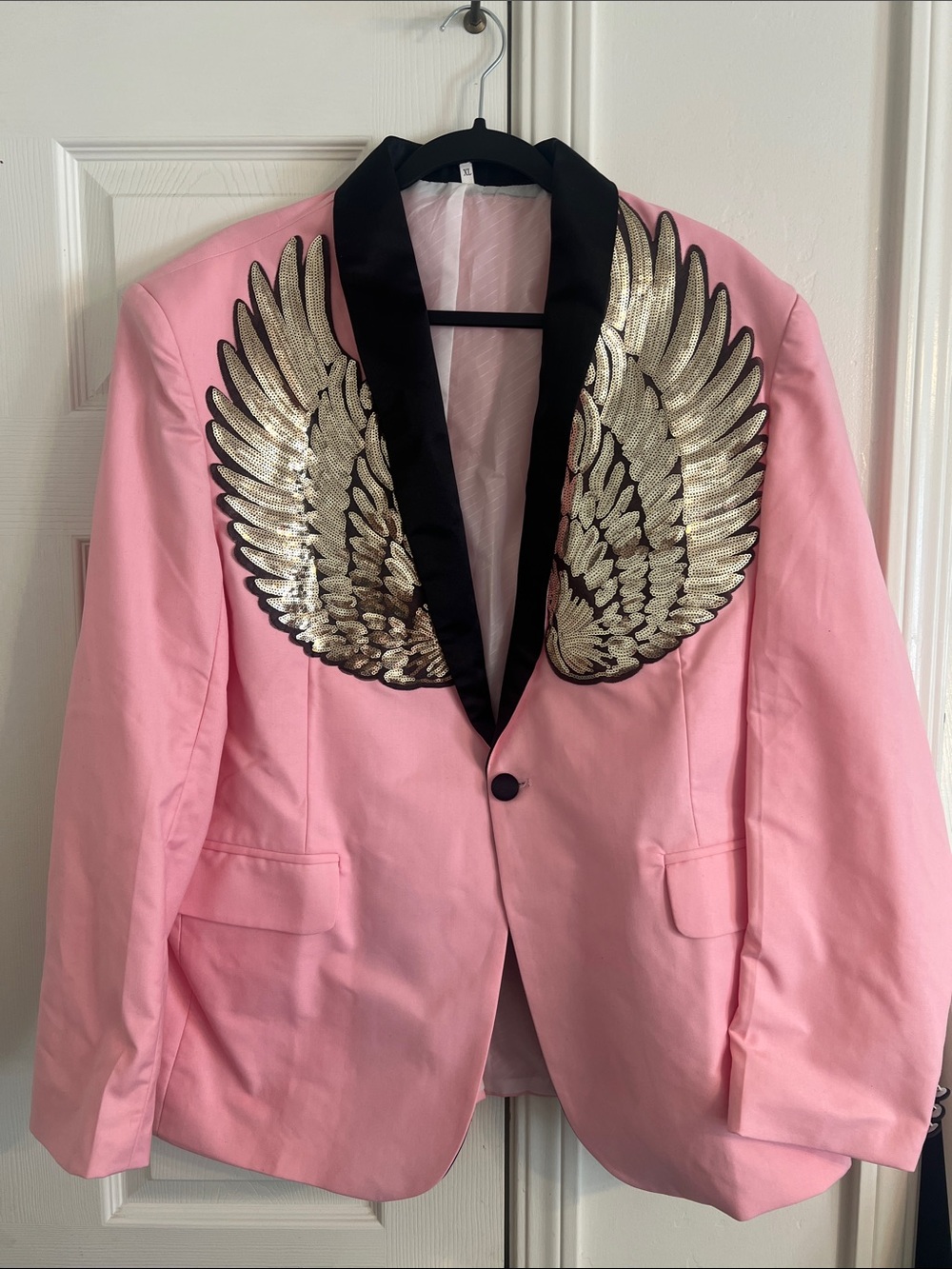 Pink Blazer with Gold Wing Embellishment and Black Satin Collar